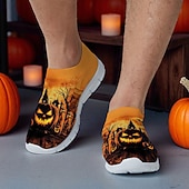 tanie Buty dla mężczyzn-Męskie pomarańczowe, wsuwane trampki Flyknit z nadrukiem dyni w stylu nawiedzonego domu – codzienne buty na festiwal Halloween, idealne na nocne imprezy, cosplay i wydarzenia na świeżym powietrzu
