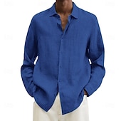 economico camicia da uomo con bottoni-Camicia da uomo in cotone e lino, nera, rosa, blu navy, manica lunga, tinta unita, stile turndown, abbigliamento da vacanza, abbigliamento in poliestere, moda casual