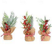 abordables Figurines de collection-Mini sapin de Noël artificiel de table, décoration de Noël, aiguilles de pin enveloppées de toile de jute, baies rouges, mini sapin de Noël pour décoration de table festive à la maison, accessoire de