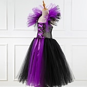 levne Dívčí halloweenské kostýmy-dětské dívčí cosplay šaty, cosplay šaty na zakázku, párty šaty s dlouhým rukávem, jednobarevné, párty na vystoupení, halloweenské párty, síťované, gotické, halloweenské, maxi šaty na zakázku, swingové