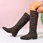 tanie Buty modowe-Damskie buty do kolan z nadrukiem w panterkę – szpiczaste noski, niski obcas, modne buty na jesień i zimę, idealne na co dzień, na ulicę i na imprezę