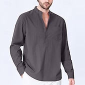 preiswerte Herren Popover Hemden-Herren Hemd Stehkragenhemd Popover-Hemd Freizeithemd Schwarz Rote Grün Kaki Hellgrau Langarm Einfarbig Henley Party Ausgehen Fronttasche Bekleidung Mode Sport &amp; Outdoor