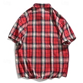 preiswerte Herrenhemd zum Knöpfen-Herren Hemd Sommerhemd Freizeithemd Strandhemd Knopfhemd Gelb Rote Grün Kurzarm Karomuster Revers Urlaub Hawaiianisch Tasche Bekleidung Polyester Mode Lässig Bequem