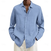 economico camicia da uomo con bottoni-Camicia da uomo in cotone e lino, nera, rosa, blu navy, manica lunga, tinta unita, stile turndown, abbigliamento da vacanza, abbigliamento in poliestere, moda casual