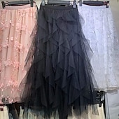 preiswerte Chiffon -Röcke-Damen Rock Schwingend Gazeröcke Mode Lässig Maxi Mittlere Hüfthöhe Röcke Einfarbig Unregelmäßiger Saum Mikroelastisch Urlaub Straße Aprikose Schwarz Weiß Rosa Frühling Polyester
