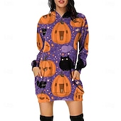 abordables Robe d&amp;#39;Halloween-Femmes Mini Robe Robe à Capuche Robe Décontractée Mode Moderne Halloween Quotidien Week-end Coupe régulière Potiron manche longue À capuche Jaune Bleu Violet Vert Printemps Automne