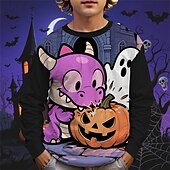 billiga Pojkes Halloween kostymer-Halloween Pojkar 3D Tecknat Pumpa Dinosaurie T-shirt Långärmad Vår Höst Mode Grundläggande Barn 4-12 år Rund hals Utomhus Ledigt Dagligen Normal