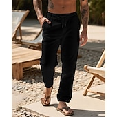 billiga Semester-Herr Linne Byxor Långbyxor Sommarbyxor Strandbyxor Snörning Ficka Elastisk midja Slät Komfort Andningsfunktion Semester Dagligen Helgdag Hawaiisk Boho 다크 카키 Svart