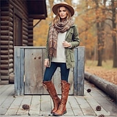 preiswerte Reitboots-Damen-Reitstiefel aus braunem Vintage-Kunstleder mit Schnürung und Schnallendetail – kniehoher Reitstil für die Freizeit und den Outdoor-Bereich