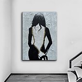 preiswerte Gemälde mit Menschen-handgemachtes hellblaues Mädchen zurück dicke Leinwand Kunstwerk schwarz und weiß Frauen Gesicht Textur abstrakte Ölgemälde einfache Linien Dekoration Kunst für Wohnkultur