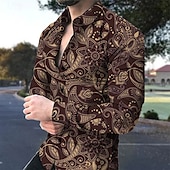 billige Etnisk mønster-Herre Blomstret Skjorte Boho skjorte Skjorte med knapper Langermet Mote Designer Fritid utendørs Avslappet Daglig Sommer Vår Aftæpning Trykt mønster Knapp ned Svart Militærgrønn Rød Navyblå