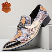 baratos Mocassins de couro premium-Sapatos sociais masculinos de pele de cobra multicolorida com bico fino – slip-ons de couro de vaca exótico com biqueira de metal para shows, festas temáticas e eventos de moda