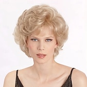 voordelige oudere pruik-Blonde korte krullende pruik - pluizige hittebestendige vezel, niet-vervormbaar, natuurlijke look, elegante pruik voor elke dag voor kostuum cosplay