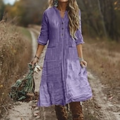 baratos design de vestidos de algodão e linho-Mulheres Vestido midi Vestido casual Vestido de linho de algodão Clássico Moderno Ao ar livre Férias Feriado Normal Tecido Manga Longa Decote V Preto Roxo Laranja Azul Claro Outono
