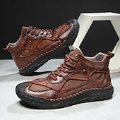 preiswerte Stiefeletten-Braune High-Top-Freizeitsneaker aus Leder für Herren mit Ziernähten und strapazierfähiger Gummisohle – modische Komfortschuhe für Outdoor und Stadt