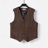 preiswerte Herrenweste-Herren Cordweste Weste Gilet Urlaub Party Geschäft Mode Lässig Frühling Herbst Tasche Knöpfe Polyester Bequem Einfach Einreihig Ein-Knopf V Ausschnitt Normale Passform Schwarz Grün Kaffee Weste
