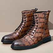levne Dámské boty-Pánské hnědé šněrovací boty s krokodýlím vzorem, vintage business casual boty do kanceláře a na formální příležitosti