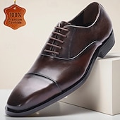 abordables Classic Dress Shoes-Men's Brown Leather Oxford Dress Shoes – Classic Lace-Up Business Formal Shoes for Office, Weddings and Parties