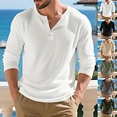 abordables t-shirts de base-Homme T-shirt Chemise Henley Chemise à Manches Longues manche longue Henley Printemps Automne Uni Mode Designer Basique Boutons Vacances Rue Sortir Noir Blanche Kaki T-shirt haut de gamme pour homme