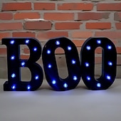 billige Dekorative lys-Halloween-dekorasjoner innendørs - 3 LED-telt med lysende bokstaver, svart boo-skilt, halloween-bokstavlys til hjemmet, innendørs kjøkken, peis, festbord, dekorutstyr