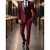 Men's Wedding Party Suits Shawl Lapel Burgundy Formal Solid Colored Slim Fit 3 Piece Single Breasted One-button3