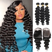 abordables 3 mechones con cierre-Extensiones de cabello humano brasileño suelto y profundo, 3 paquetes con cierre de encaje 4x4.