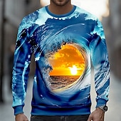 billiga 3D Mönster-Herr 3D Print 3D Tröja Ledigt Långärmad Rund hals Semester Fest Gåva Blå Crewneck 3D Alla årstider Designer