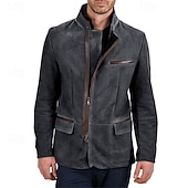 economico Giacche in Suede Sintetico-Per uomo Giacca in finta pelle scamosciata Giacca Casual Vacanza Quotidiano Caldo Tasca Autunno Inverno Semplice Moda Classico Collo alla coreana Regolare Cachi Grigio Giacca