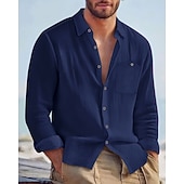economico Camicie di lino-Per uomo Camicia Camicia di lino Camicia casual Camicia con Bottoni Camicia di cotone Semplice Vacanza Camicia hawaiana Nero Bianco Giallo Blu marino Manica Lunga Bavero Primavera Autunno