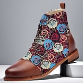 baratos Calçados de Declaração-Botas masculinas de tecido jacquard marrom com cadarço e estampa floral de rosas, sapatos sociais vintage elegantes para festas, casamentos e eventos gatsby
