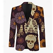billiga Halloween ytterkläder-Halloween Herr Kappa Kavaj Utomhus Gata Festival Ledigt vardag Modern Höst Höst vinter 100% Polyester Häftig dödskalle Skelett 3D-utskrift Knappar Håller värmen Bekväm Enkelknäppt Blazer Brun