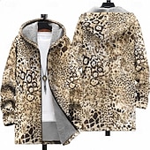 billige fleecejakke for menn-Herre Leopardprint Vinterfrakk Fleece-jakke Frakk Hold Varm Bekvem Fritid Dagligdagstøy Glidelås Lomme 3D-utskrift Høst Vinter Med hette Langermet Brun