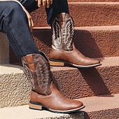 levne Cowboy &amp; Western Boots-Pánské kovbojské boty - jezdecké boty ve westernovém stylu do poloviny lýtek, odolná klasická westernová obuv pro ležérní ranč, rodeo a každodenní kovbojský outfit