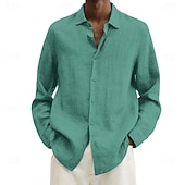 economico camicia da uomo con bottoni-Camicia da uomo in cotone e lino, nera, rosa, blu navy, manica lunga, tinta unita, stile turndown, abbigliamento da vacanza, abbigliamento in poliestere, moda casual