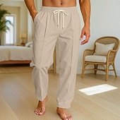 baratos Lar-Homens Calças de linho Calças Calça verão Calças largas Calças de praia Com Cordão Bolsos Cintura elástica Tecido Conforto Respirável Comprimento total Férias Diário Feriado Férias Havaiana Preto
