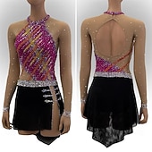 cheap Figure Skating Dresses-Figure Skating Dress Women&#039;s Girls&#039; Ice Skating Dress Rose Red Patchwork Open Back Mesh Spandex High Elasticity Training Competition Skating Wear Classic Crystal / Rhinestone Long Sleeve Ice Skating