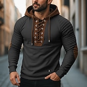 preiswerte Basic-T-Shirts-Herren T Shirt T-Shirt Langarmshirt Langarm Mit Kapuze Herbst Frühling &amp; Herbst Farbblock Schmale Falten Mode Designer Basic Schnürung Patchwork Urlaub Straße Lässig Schwarz Armeegrün Beige Top