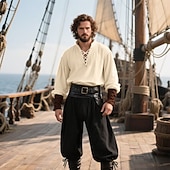 baratos Conjuntos-Retro Vintage Medieval Renascentista Roupa Camisa Calça Pirata Pirata Viking Fantasia Homens Viking Pirata Dia Das Bruxas Carnaval Espetáculo Festa LARP Adulto Camisa Calças Cinto