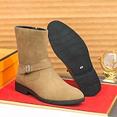 cheap Ankle Boots-Men&#039;s Khaki Faux Suede Mid-Calf Boots with Side Buckle Straps, Retro Cowboy Style Boots for Casual Outfits and Party Occasions