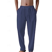 billiga Semester-Herr Linne Byxor Långbyxor Sommarbyxor Strandbyxor Snörning Ficka Elastisk midja Slät Komfort Andningsfunktion Semester Dagligen Helgdag Hawaiisk Boho 다크 카키 Svart