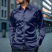 cheap Men's Satin Shirts-Men's Shirt Silk Like Satin Shirt Dress Shirt Casual Shirt Button Up Shirt Plain Streetwear Wedding Yellow Red Navy Blue Gray Long Sleeve Lapel Spring &amp;  Fall All Seasons Clothing Apparel