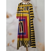 economico Abiti a Strisce e Geometrici-Abito maxi da donna in lino come traspirante leggero kaftano a maniche 3/4 scollo tondo casual abito a trapezio abito boho grafica geometrica giallo rosso marrone chiaro marrone