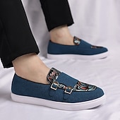 Herre denim loafers med dobbel munk stropp og etnisk trykk – moteriktige, uformelle slip-on-sko for urban stil, fester og vårantrekk billige Uttalelsessko-Herre denim loafers med dobbel munk stropp og etnisk trykk – moteriktige, uformelle slip-on-sko for urban stil, fester og vårantrekk