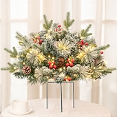 abordables Coronas, Guirnaldas &amp; Adornos-Urna de árbol de Navidad artificial preiluminada, decoración navideña para exteriores con plantas artificiales adornadas con adornos variados y luces LED blancas preinstaladas, decoración navideña con