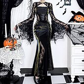 levne Šaty-gotický Maxi Šaty Top s pokrčením ramen Zvonové Čerodějnice Morticia Addamsová Krajka Samet Květinový Maškarní kostým Dámské Fantazie předvečer Všech svatých Karneval Výkon Párty Dospělí Vrchní deska