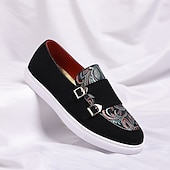 Herre denim loafers med dobbel munk stropp og etnisk trykk – moteriktige, uformelle slip-on-sko for urban stil, fester og vårantrekk billige Uttalelsessko-Herre denim loafers med dobbel munk stropp og etnisk trykk – moteriktige, uformelle slip-on-sko for urban stil, fester og vårantrekk