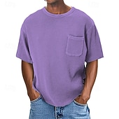 お買い得  ワッフルニットTシャツ-男性用 ワッフルTシャツ Tシャツ 半袖シャツ ティートップ 半袖 クルーネック 夏 平織り ファッション デザイナー ベーシック ポケット バケーション ストリート お出かけ ブルー ネイビーブルー パープル メンズトップTシャツ
