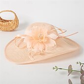 billige Festhatter-Hatter Sinamay Solhatt Bryllup Ferie Te Fest Hesteløp cocktail Elegant Årgang Solbeskyttelse Med Blomster Hodeplagg Hodeplagg