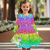 billiga 3D Shining Vision Klänning-Flickor 3D Regnbåge Enhörnings Klänning Långärmad Sommar Vår Semester Dagligen Helgdag Prinsessa Skön Ljuv Barn 4-12 år Vardagsklänning A linjeklänning Knälång Normal