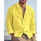 economico Camicie di lino-Per uomo Camicia Camicia di lino Camicia casual Camicia con Bottoni Camicia di cotone Semplice Vacanza Camicia hawaiana Nero Bianco Giallo Blu marino Manica Lunga Bavero Primavera Autunno